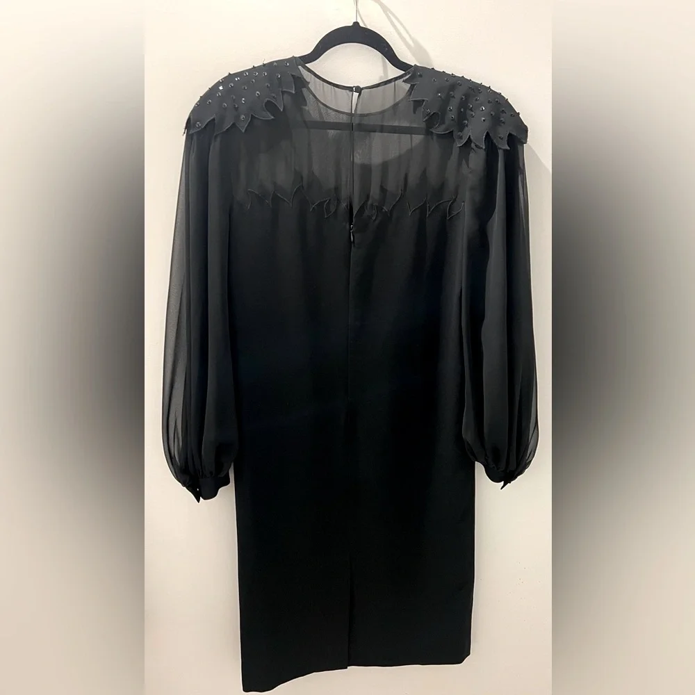 Vintage 80s Black Shift dress with long billowy sleeves and appliqués, small - Picture 5 of 8